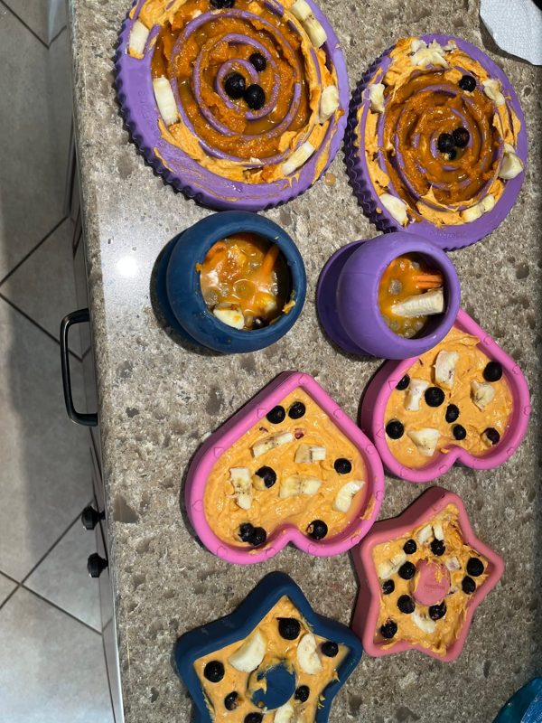 A kitchen counter covered with filled Freezbone toys in swirl, heart, star and cup shapes