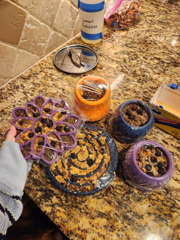 Filled Freezbone toys in different shapes on a kitchen counter